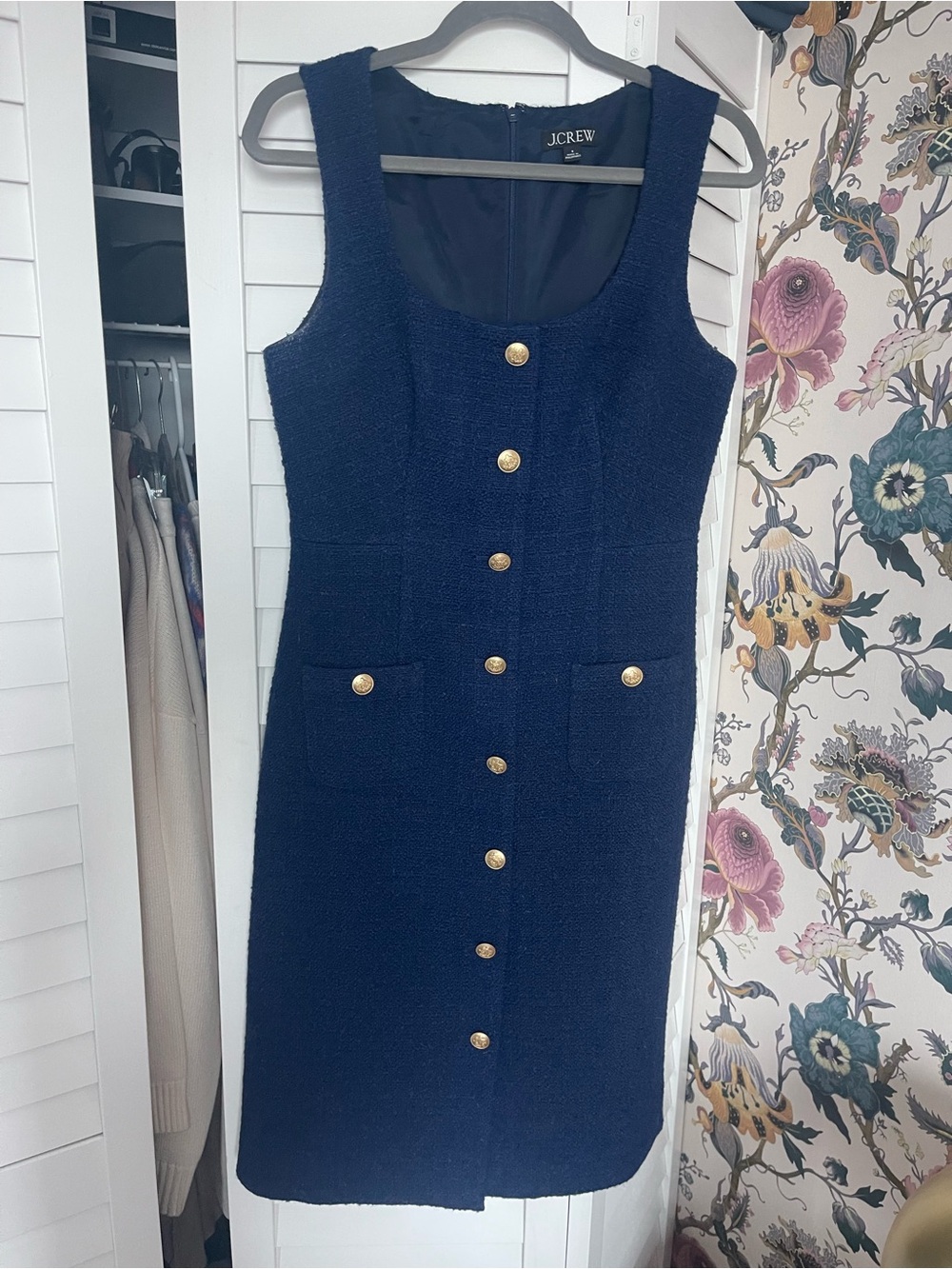 J. Crew Navy Tweed Button-Front Sheath Dress with Gold Buttons